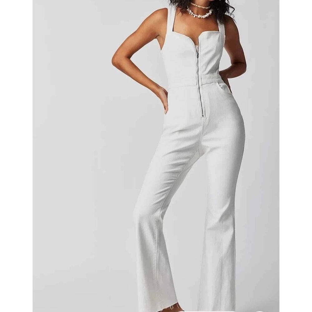 Free People We The Free CRVY 2nd Ave One‎ Piece Ivory Denim Jumpsuit Sz 14 NWT